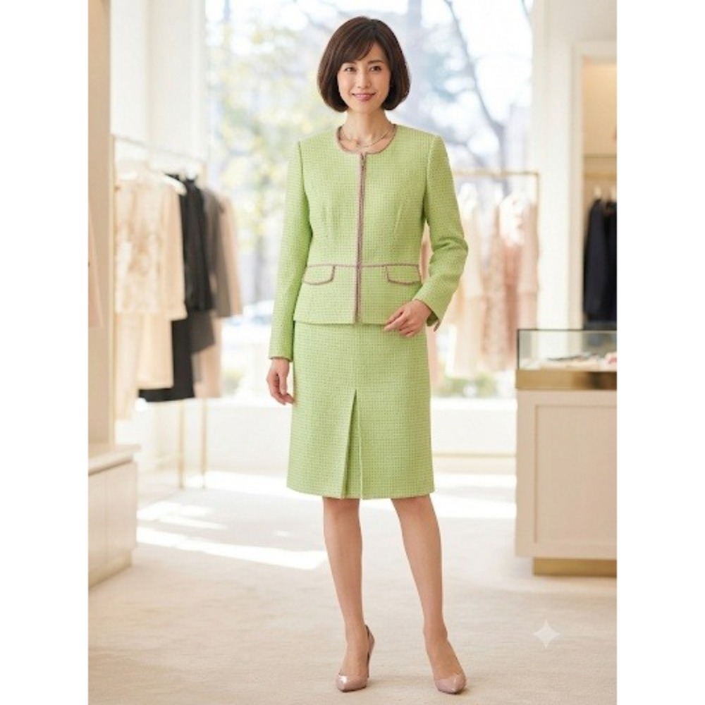 Vintage Travis Ayers 12 Lime Green Tweed Skirt Suit with Pink Contrast Pleat